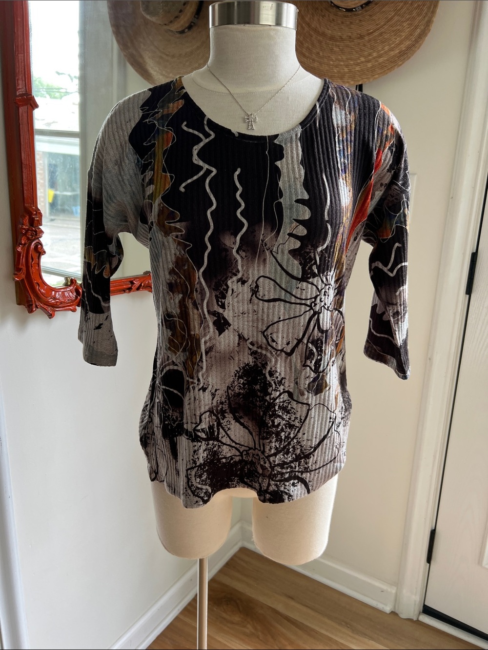 Printed Ribbed Knit Women’s Top - Black/Multi